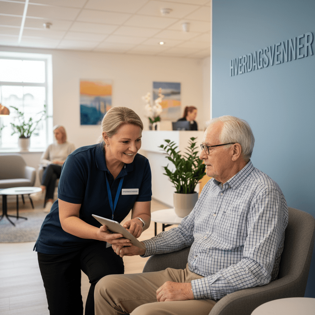 Elderly person assisted by a caring helper at a medical appointment